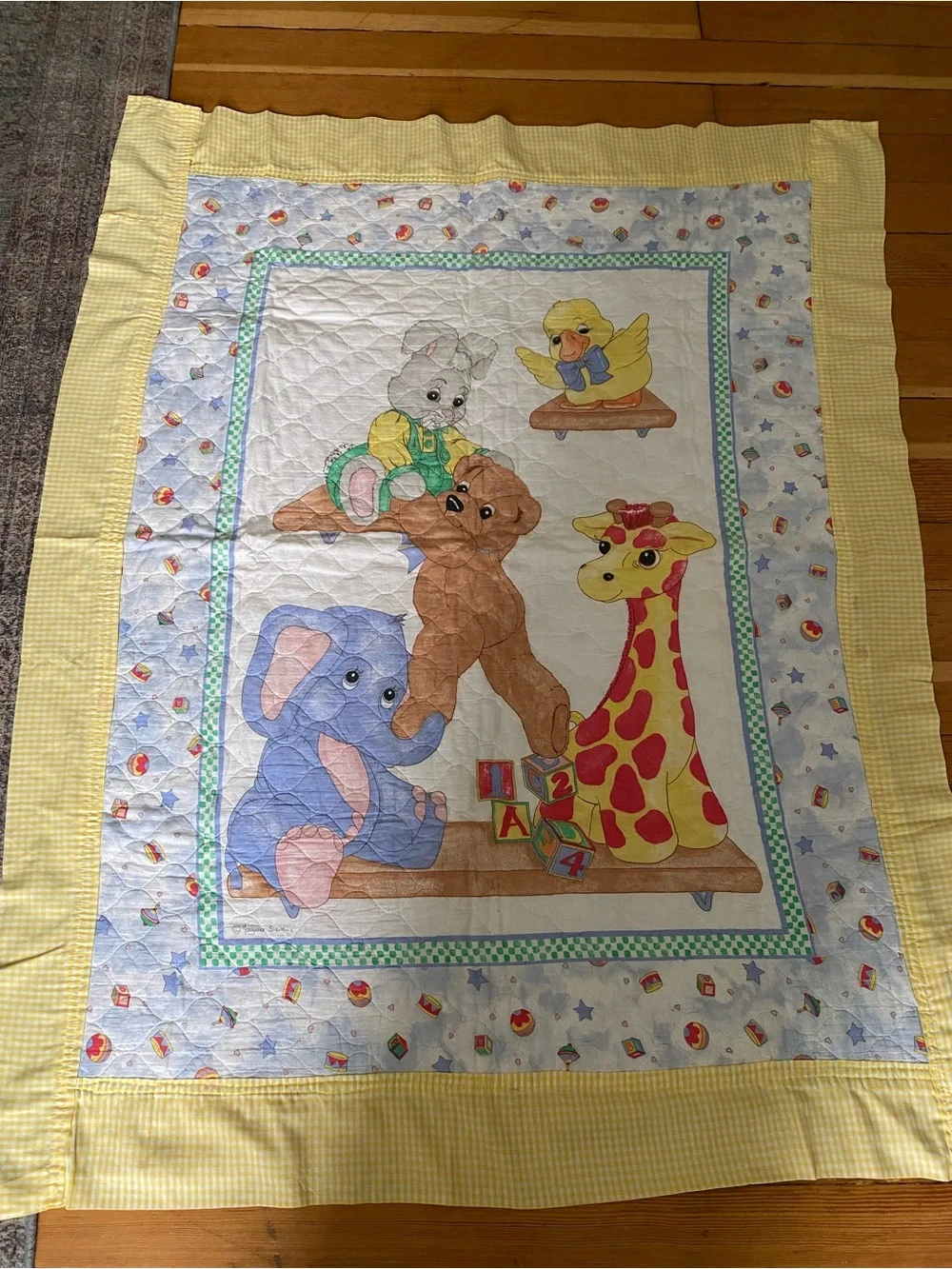 VTG  80s 90s Handmade Baby Quilt Yellow Plaid Giraffe Teddy Bear Elephant Bunny